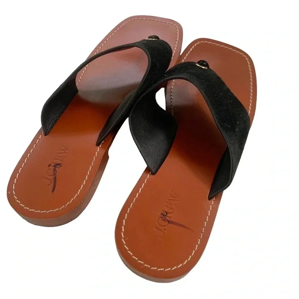 J. Crew Suede Thong Leather Sandals Black Size 9